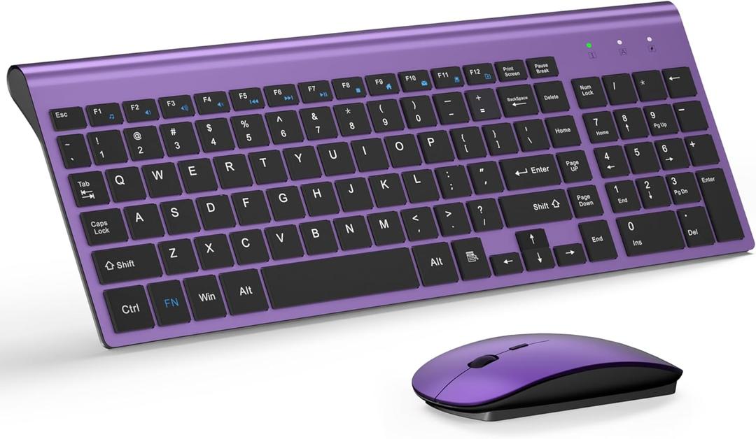 Wireless Keyboard and Mouse Ultra Slim Combo, TopMate 2.4G Silent Compact USB 2400DPI Mouse and Scissor Switch Keyboard Set with Cover, Batteries Included, for PC/Laptop/Windows/Mac - Purple Black