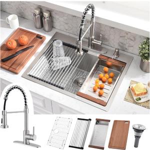 25x22 Drop In Kitchen Sink with Faucet Combo - 25 Inch Single Bowl Kitchen Sink and Faucet Combo Set, Stainless Steel Drop In Workstation Sinks with Accessories, 25x22x10 Inch