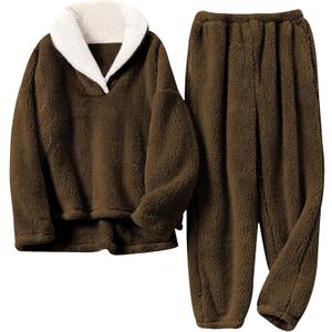 Tanming Womens Fluffy Pajamas Set Fleece Pullover Pants Plush Loungewear Sleepwear (Small, Brown)