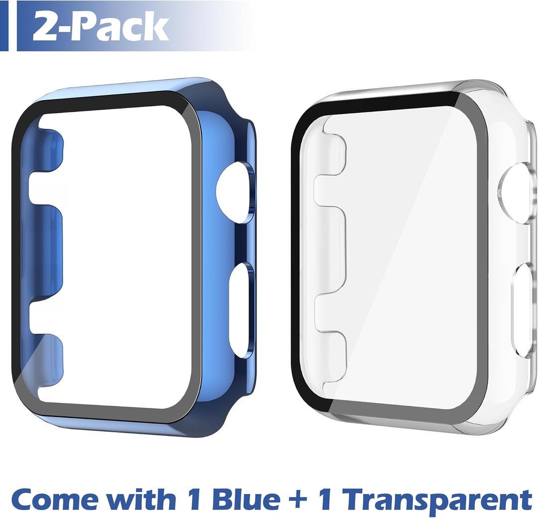 10 x Misxi 2 Pack Hard PC Case with Tempered Glass Screen Protector Compatible with Apple Watch Series 2 Series 3 42mm, Anti-Drop Scratch Resistant Lightweight Cover for iWatch, 1 Blue + 1 Transparent