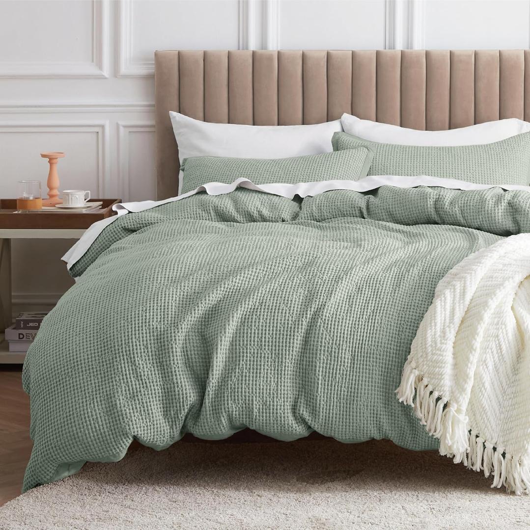 Bedsure Cotton Duvet Cover King - 100% Cotton Waffle Weave Sage Green Duvet Cover King Size, GentleSoft and Breathable Bedding Set for All Season, 3 Pieces, 104"x90"