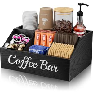 Coffee Station Organizer for Countertop – Wooden Coffee Bar Organizer with Adjustable Dividers,Holds K Cup Pod & syrup bottles, for Kitchen, Office, or Bar and Tea Station, Black