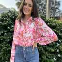 PRETTYGARDEN Women's Floral Blouses Dressy Casual V Neck Button Down Shirts Lantern Long Sleeve Boho Chiffon Fall Tops 2026 (Pink, L)