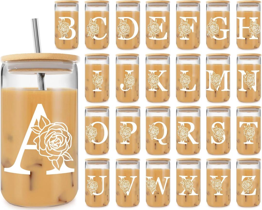 26Pcs Initial Glass Cup Sets (A to Z) with Gift Boxes, Monogrammed Gifts for Women, 16 oz Glass Cups with Lids and Straws, Personalized Gifts for Birthday, Celebration, Weddings, Party, Mothers Day