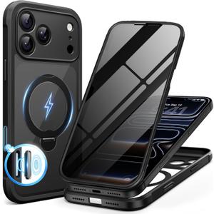 BERFY for iPhone 17 Pro Case, Compatible with MagSafe, Built in Privacy Screen Protector, Shockproof Full Body Phone Case for 17 Pro with Magnetic Stand, Clear Black