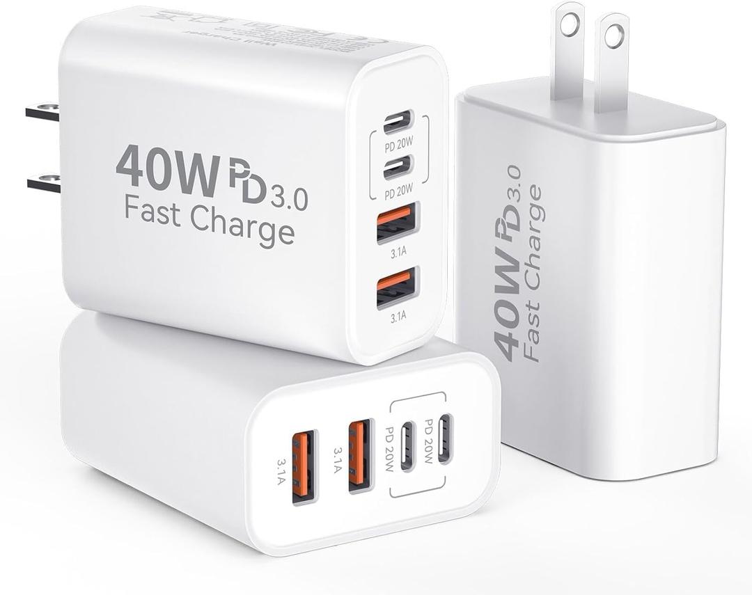 USB C Wall Fast Charger Block, 40W 4-Port Type C Chargers Fast Charging Blocks PD Power Charger Adapter+QC 3.0 USB Multiport Charger Brick for Phone 17/16/15/14/13/12 Pro Max, i-Pad, Galaxy S25-3Pack