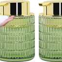 2pcs Green Foaming Soap Dispenser, Glass Foam Hand Soap Dispenser with Gold Pump, 10 Oz Bathroom Refillable Liquid Lotion Pump Ribbed Bottle Container for Countertop Decor