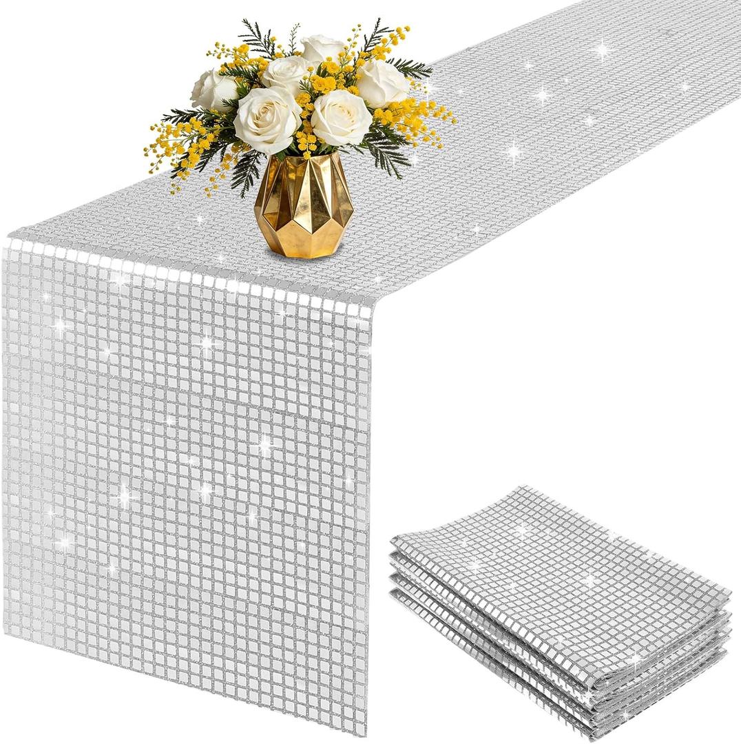 4 Packs Glitter Disco Party Table Runner 12 x 108 Inches Mirror Silver Foil Decor for 70s 80s Disco Party Decorations Birthday Home Table Decorations