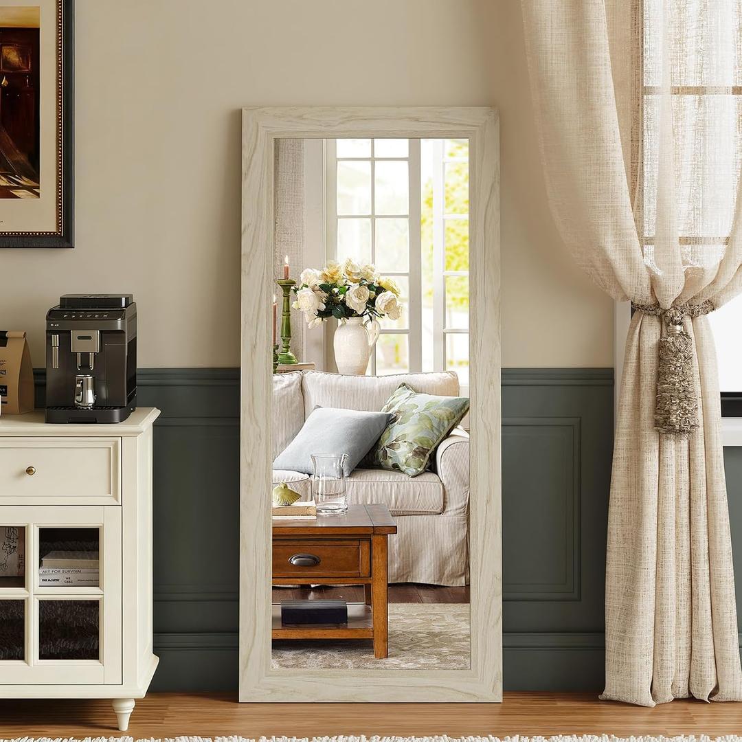 Syndra Modern Full Length Mirror Wood Frame, 56x20'' Large Floor Mirror with HD Tempered Glass & Wall Mount Option, Rectangular Standing Mirror for Bedroom, Living Room, Entryway, Farmhouse(White Oak)