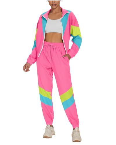UOUA Women's Colorblock 2 Piece 80s 90s Outfits Long Sleeve Windbreaker Jacket Tracksuit Set LightPink XL