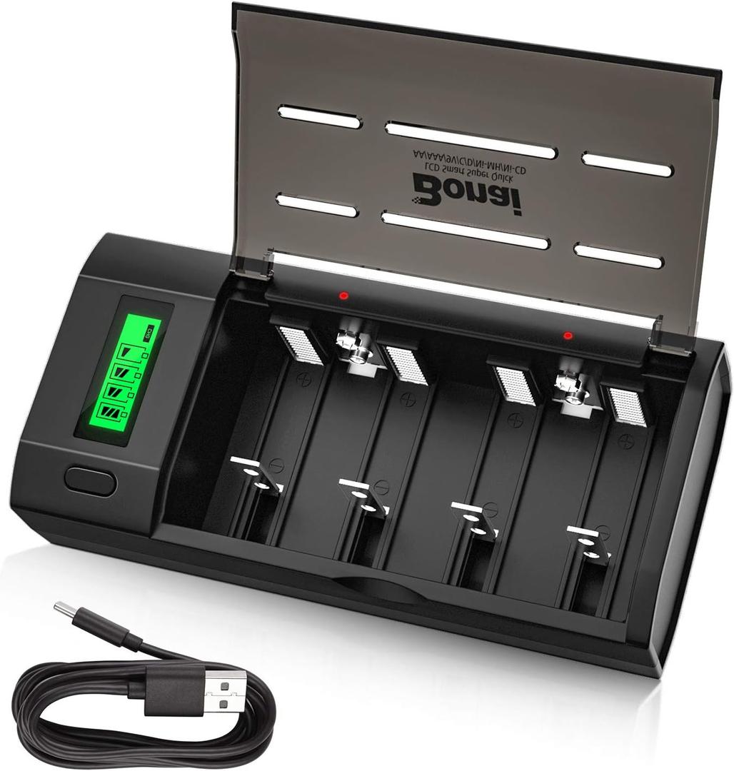 BONAI Smart Battery Charger for AA AAA C D 9V Ni-MH Ni-CD Rechargeable Batteries with Discharge Function and LCD Display Fast Charging - Black BONAI Smart Battery Charger for AA AAA C D 9V Ni-MH Ni-CD Rechargeable Batteries with Discharge Function and LCD Display Fast Charging - Black