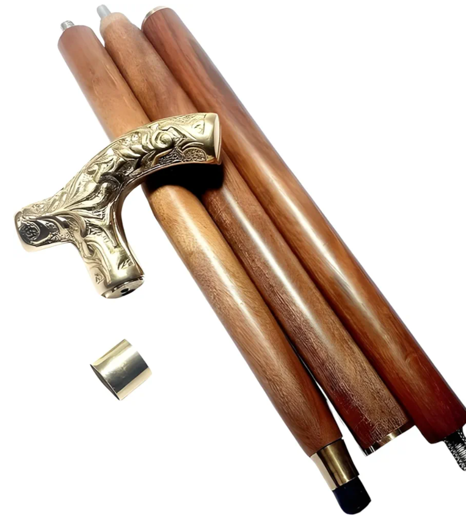 Wooden Walking Cane with Ornate Engraved Curved Metal Handle Detachable Wooden Walking Stick