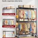 Sakugi Clothes Rack - Double Hanging Rod Clothing Rack with Wheels & Leveling Feet, Large Capacity Wardrobe Closet with Shelves for Bedroom, Laundry Room, Entryway, 45.2" x 12.6" x 80.7", Black