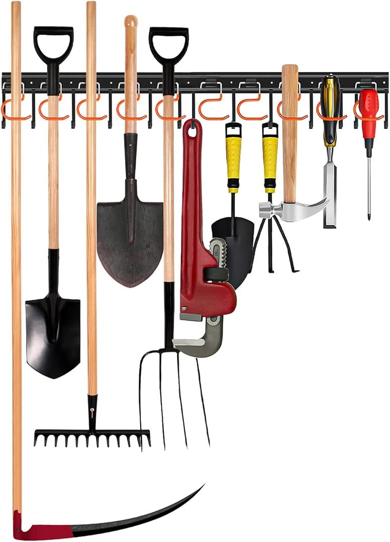 34'' All Metal Garden Tool Organizer Wall Mount Garage Organizers and Storage with Hooks Tool Hangers for Shed (34inch(17"x2pack))