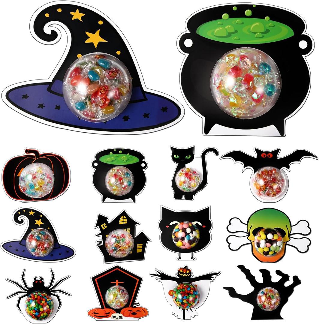Engrowtic 24 Pcs Halloween Candy Holder Cards with Clear Domes Candy Trick or Treat Boxes Containers DIY Witch Hat Pumpkin Ghost Cards Crafts for Halloween Party Favor Decorations Bags Stuffers