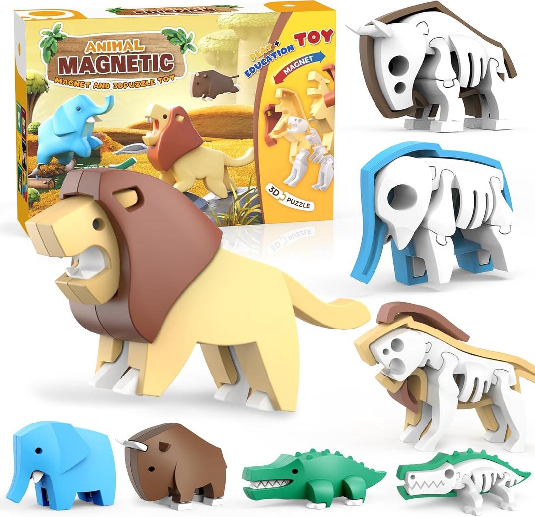Magnetic Animal Building Toys, STEM Toddler Learning Toys 3D Puzzle Animals for Boys Girls, Educational Magnetic Travel Montessori Toy Lion Elephant Crocodile, Unique Birthday Gift for Kids 3 4 5 6 7