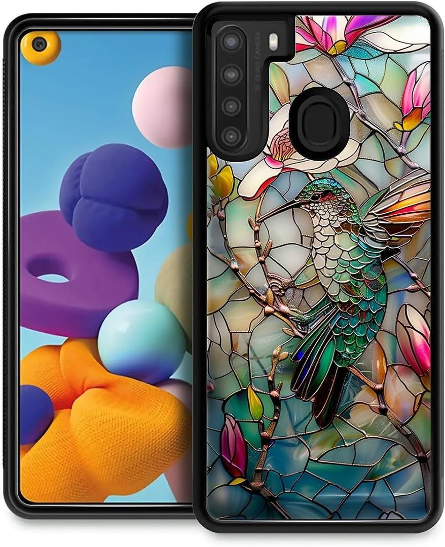 Compatible with Samsung Galaxy A21 Mobile Case Creative Acrylic Back Panel Silicone Protection Grip Specially Designed for Samsung Galaxy A21 3D Stained Flower Looking Hummingbird