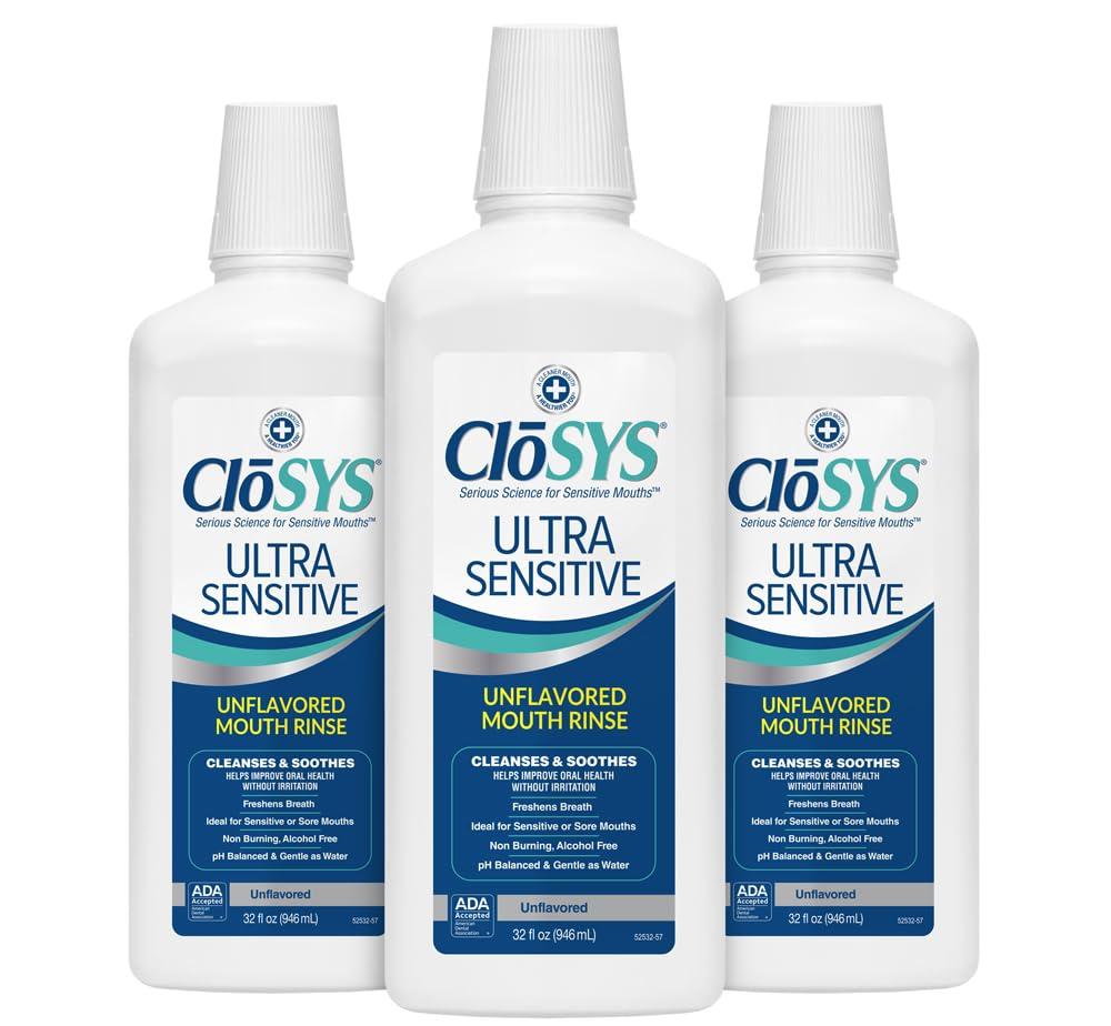 CloSYS Ultra Sensitive Mouthwash, 32 Oz, Pack of 3, Alcohol Free Mouthwash, Unflavored Mouth Wash, Dye Free, pH Balanced, Helps Soothe Entire Mouth