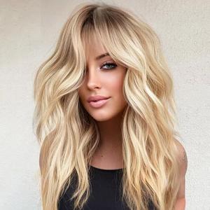 KOME Ombre Blonde Wig with Bangs,Blonde Highlight Wavy Wigs for Women,Shoulder Length Curly Synthetic Hair Wig for Party Daily Use 18IN…