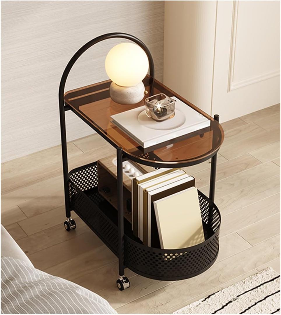 2 Tier Rolling Side Table, Metal Coffee Sofa Side End Table,Handle Utility Cart, Bed Side Table With Wheels Night Stand, Serving Cart,Drink Cart, For Living Room, Bedroom, Bathroom