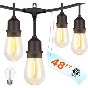 48FT Outdoor Waterproof String Lights with 25 Shatterproof Bulbs, IP65 Patio Lights for Garden Wedding Cafe - Tangle-Free Cables with Hooks (Warm White)
