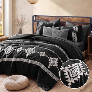 MaiRve Embroidery Comforter Set, Boho Farmhouse Western Bedding Set, All Season Bed in A Bag Comforter Set with Sheets, Pillowcases & Shams, Black King 7 Pieces (King(102"*90"))