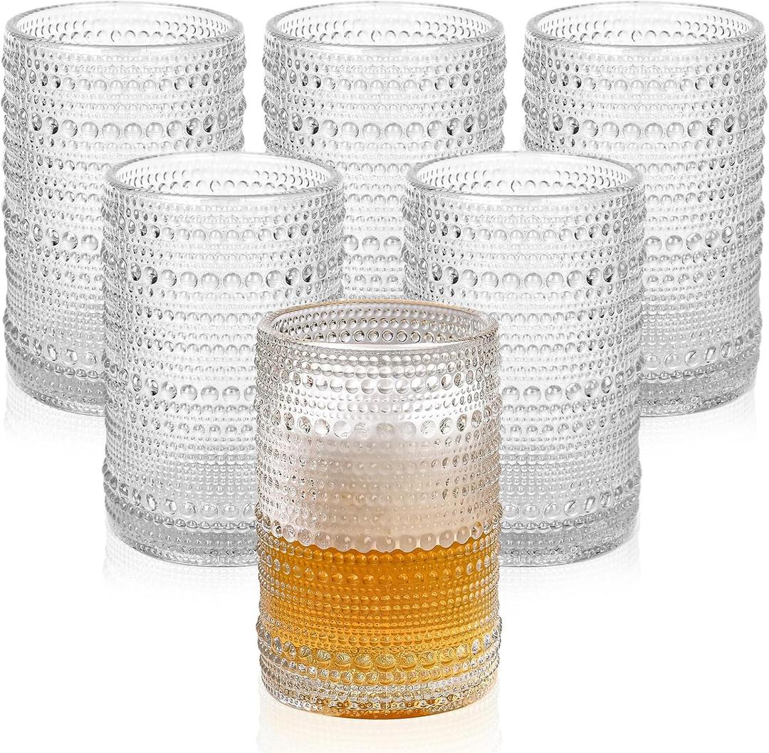 Vintage Glassware Drinking Glasses Set of 6,15 oz Hobnail Glass Cups,Embossed Clear Water Tumbler,for Beer,Cocktail,Whiskey,Juice and Various Mixed Drinks- 1 Cleaning Brush (15oz Clear)