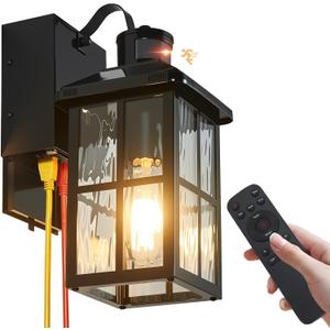Porch Light with GFCI Outlet with Remote, Dusk to Dawn Outdoor Lighting with Outlet, Upgraded 4 Lighting Modes Motion Sensor Outdoor Lights, Waterproof Outside Lights for House Patio Garage Front Door (1-Pack, Black)