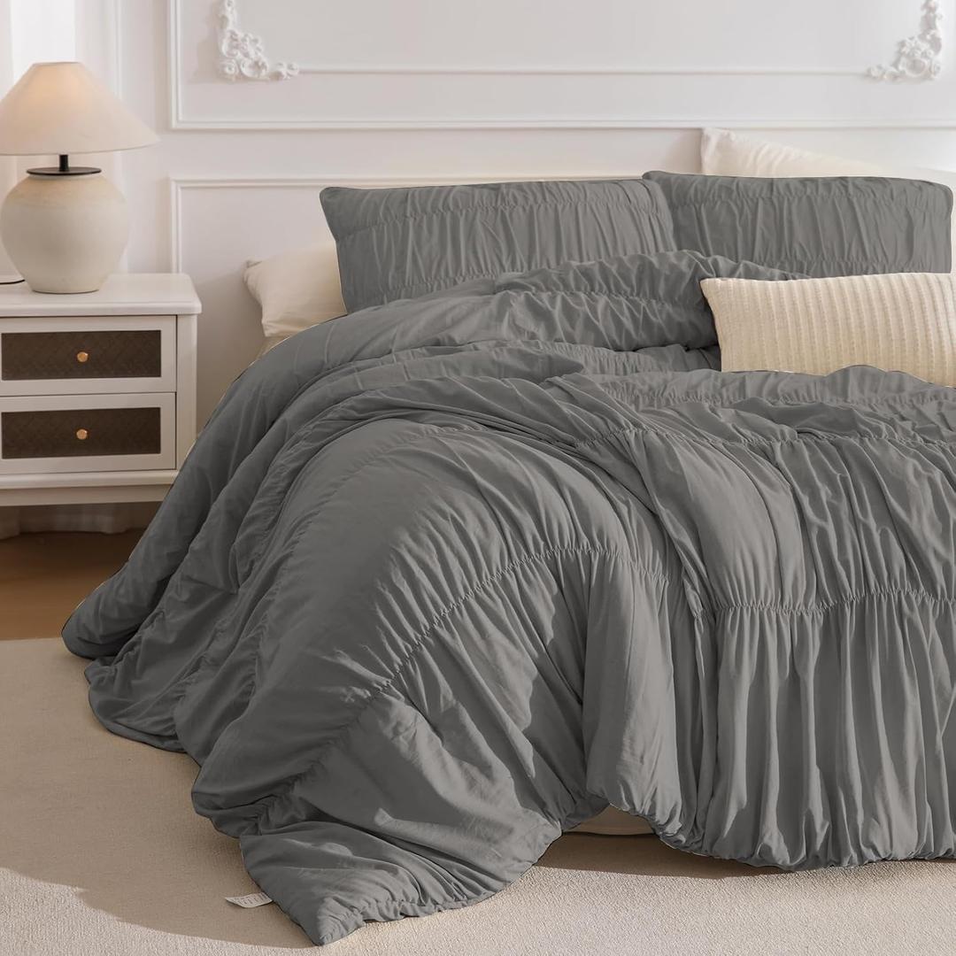 Masaca Grey Oversized King Comforter Set 128x120,Ruched Ruffle Comforter Extra Large King Size Bedding,Shabby Boho Chic Farmhouse Bedding 3PCS (1 Gray Comforter+2 Pillow Shams)