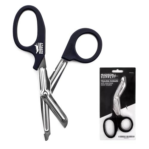 Madison Supply Medical Scissors, EMT and Trauma Shears - 7.5 Inch Premium Quality Stainless Steel Bandage Scissors - Fluoride-Coated with Non-Stick Blades - 2 Pack (Black/Stainless)