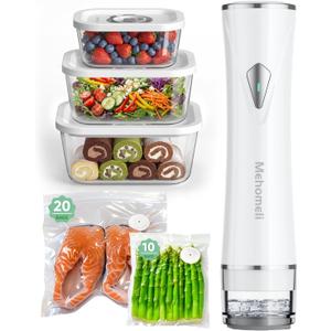 Mehomeli Compact Vacuum Sealer for Food (Vacuum Sealer Machine+3 Glass Vacuum Containers+30 Reusable Vacuum Bags),Powerful Handheld Vacuum Seal Machine,Seal Meal Saver,Portable Food Sealer,Easy-Clean