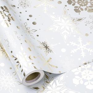 RUSPEPA Gold Foil Snowflake Christmas Wrapping Paper Roll, Mini Roll, Elegant Gold and White Snowflake Design Gift Wrap Paper, Perfect for Holiday Gifts, Christmas Party, 17 Inches x 32.8 Feet