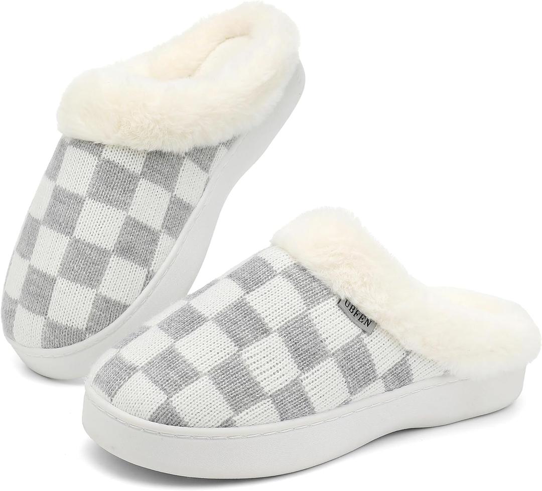UBFEN Womens Slippers Classic Plaid Winter Warm with Memory Foam Fluffy House Shoes Platform Indoor Bedroom (7-8, B-white Grey)