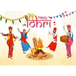 CORFOTO 7x5ft Fabric Happy Lohri Festival Backdrop Cartoon Indian People Punjabi Religious Holiday Background for Harvesting Festival Party Decorations Banner Kids Adults Photo Props
