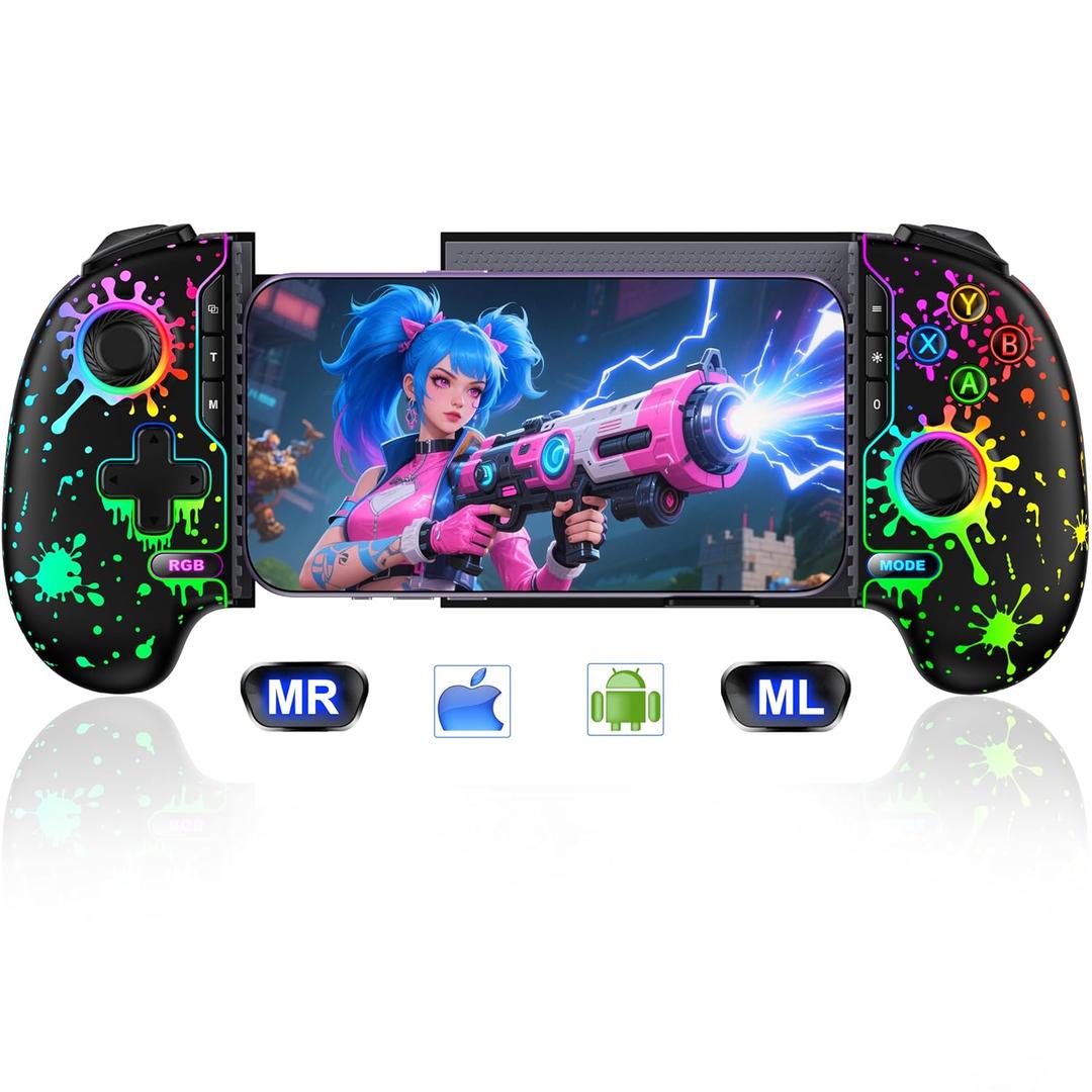 Wireless Phone Controller for iPhone/Android with Hall Joystick/Trigger, Mobile Gaming Controller Support Xbox Cloud, Steam Link, Call of Duty, Roblox, Cloud Android iOS Controller (Black-Spray)