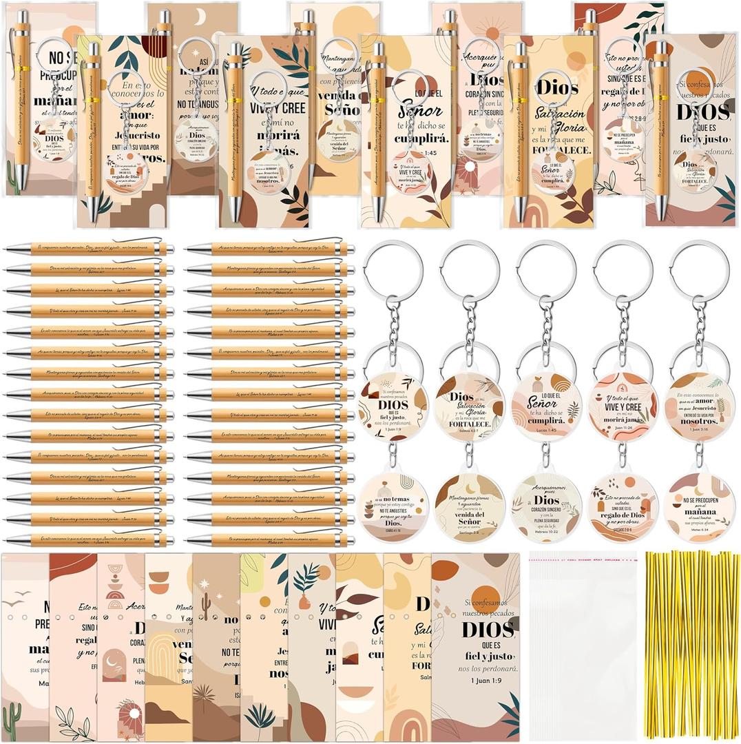 ANGOLIO 460Pcs Spanish Christian Boho Religious Gifts Back to School Gift Bulk Regalos Cristianos En Espaol Bible Verse Bamboo Pen Keychain Bookmark Religious Gift for Women Men Office Church Favor