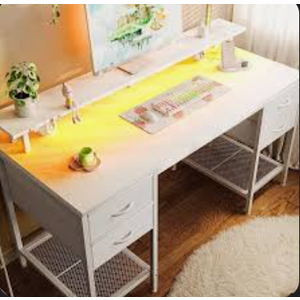 Huuger 55 inch Computer Desk with 4 Drawers, Gaming Desk with LED Lights & Power Outlets, Home Office Desk with Large Storage Space for Bedroom, Work from Home, White