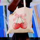Coquette Tote Bag - Pink Bows Cherry Heart Canvas Tote for Women, Cute Trendy Gift