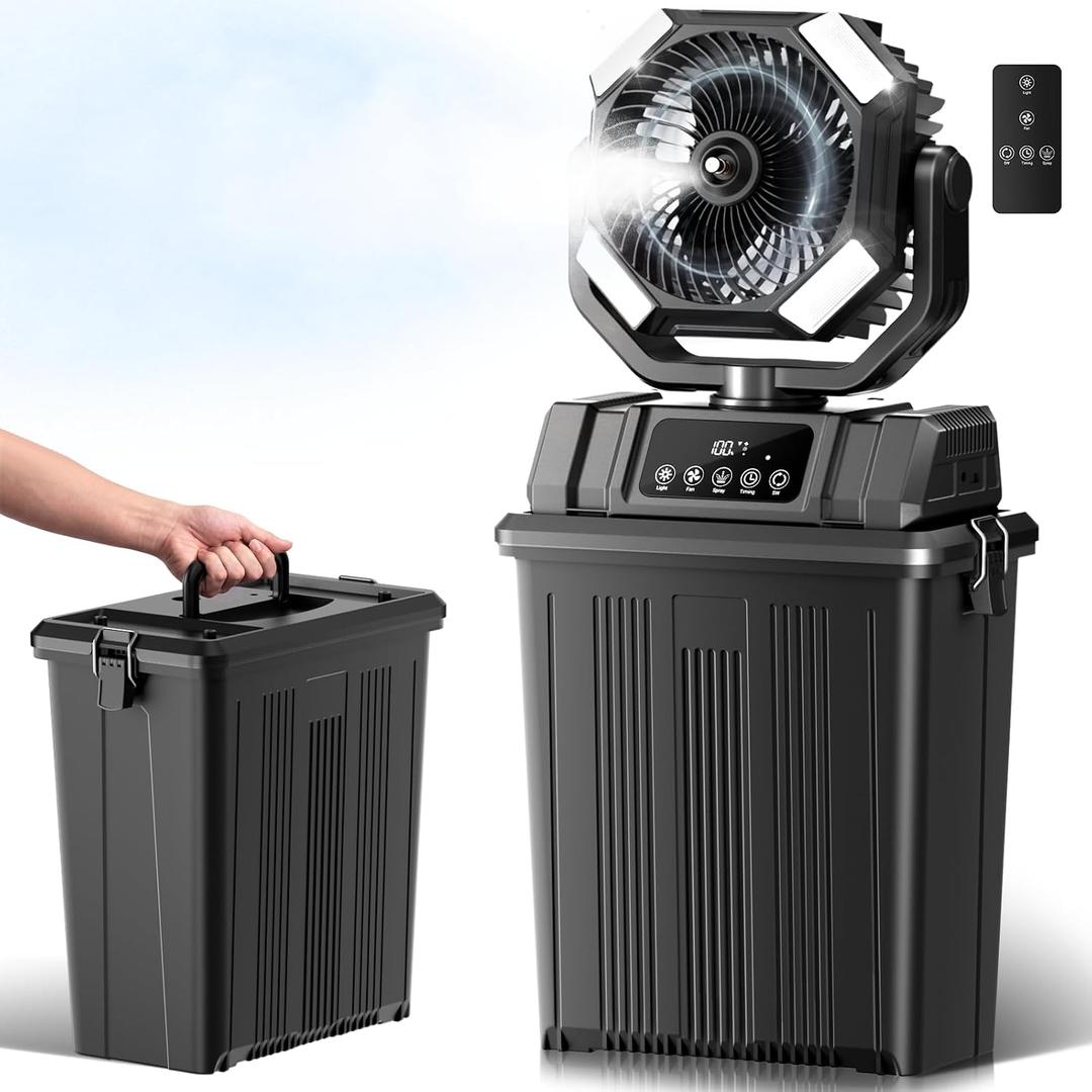 40000mAh Misting Fans for Outside, 15L Large Tank Portable Misting Fan, Battery Powered Outdoor Mister Fan with Remote & LED Light, Wide 270 Coverage for Camping Patio Backyard (Deep black)