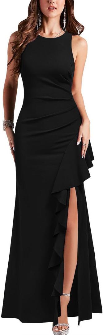WOOSEA Women's Scoop Neck Sleeveless Split Bodycon Mermaid Evening Cocktail Long Dress (Black, XL)