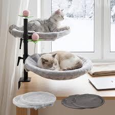 2-Tier Cat Desk Bed – Dual Hammock Desk Mounted Perch for 1–2 Cats, Space-Saving Shelf with Soft Plush & Breathable Mesh Pads, Adjustable Height, Feather Toy Included
