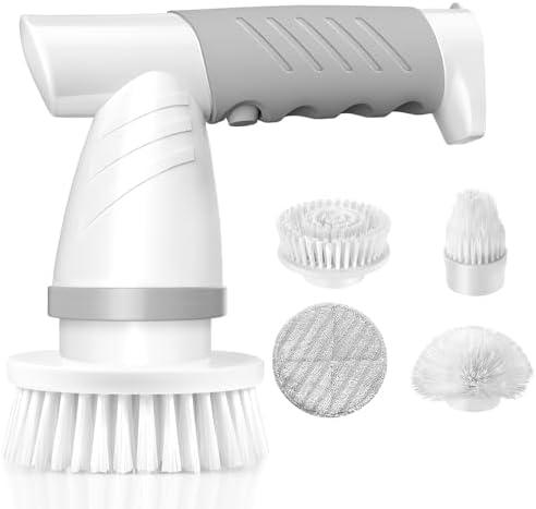 Electric Spin Scrubber, Bathroom Shower Electric Scrubber for Cleaning Tub/Tile/Floor/Sink/Window, Power Cleaning Brush Rechargeable Cordless with 4 Replaceable Cleaner Brush Heads, 01 Classic Grey