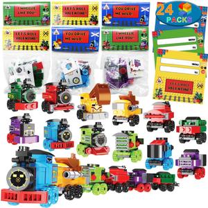 24 Packs Train Building Blocks with Valentine's Gift Cards, 6 in 1 Train Building Blocks Sets for Boys, Girls, Goodie Bags Carnival Prizes Birthday Supplies, Classroom Exchange Prize, Valentine Party