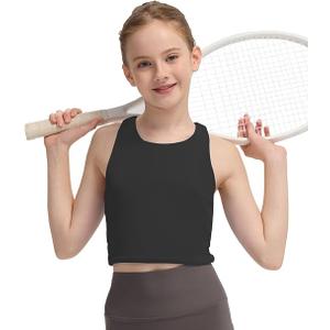 BAMBOO COOL Girls Tank Tops Crop Top Double Lined High Crew Neck Racerback Cropped Undershirts Dance Yoga Gymnastics, M, Black