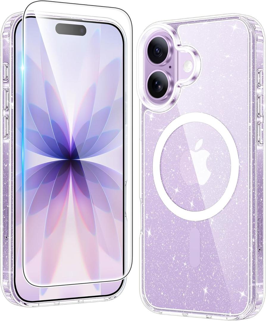 FNTCASE for iPhone 17 Case Clear: Magnetic Phone Cases Compatible with Magsafe Slim Anti Yellowing Military Grade Drop Protection Rugged Protective Transparent Cell Cover (B-Glitter Magnetic)