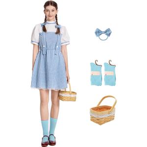 Halloween Costumes for Women Cute Plaid Skirt with Basket Halloween Cosplay Dress with Accessories (X-Large, Blue)