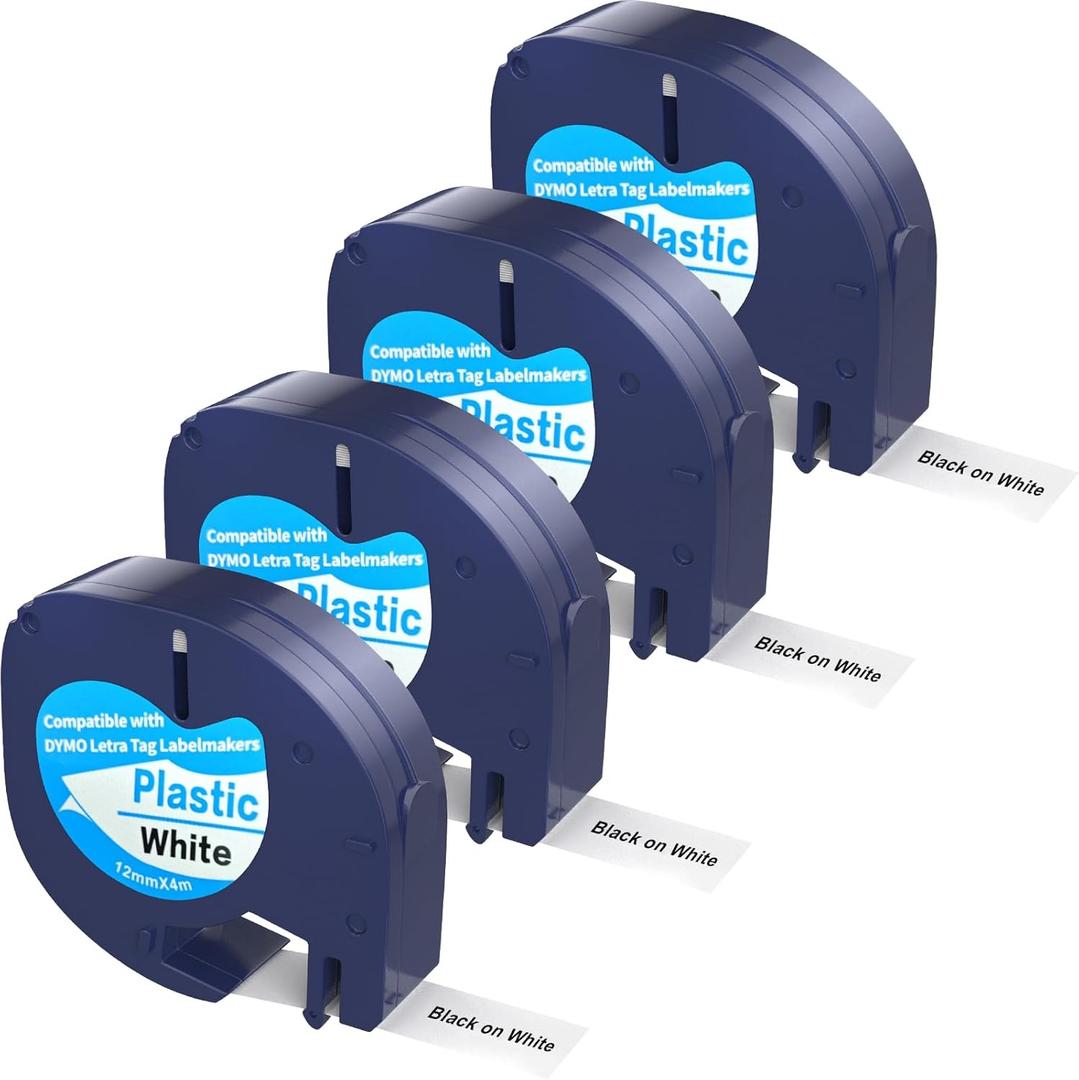 4Pack dymo Label Maker Refills Compatible with DYMO LetraTag Label Maker Refill 91331 White Plastic Tape 12mm x 4m (1/ 2" x 13') for Labeler Letra Tag 200B LT 100H 100T Plus