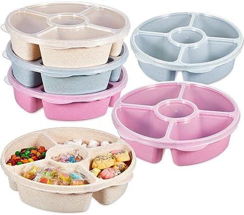 Kigley 4 Pcs Divided Serving Tray with Lid Vegetable Tray with Lid Fruit Platter 5 Compartment Vegetable Platter Reusable Round Food Containers Plastic Serving Dish for Lunch Meal Snack Storage