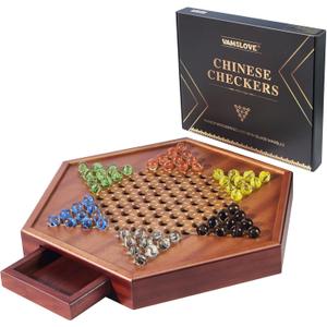 VAMSLOVE Chinese Checkers 15" Large Upgraded Version Wooden Game Board, 16mm 60+12 Colorful Glass Marbles, Easy Grasping for Adults and Kids, w/Storage Drawer, Fun for Family Gathering