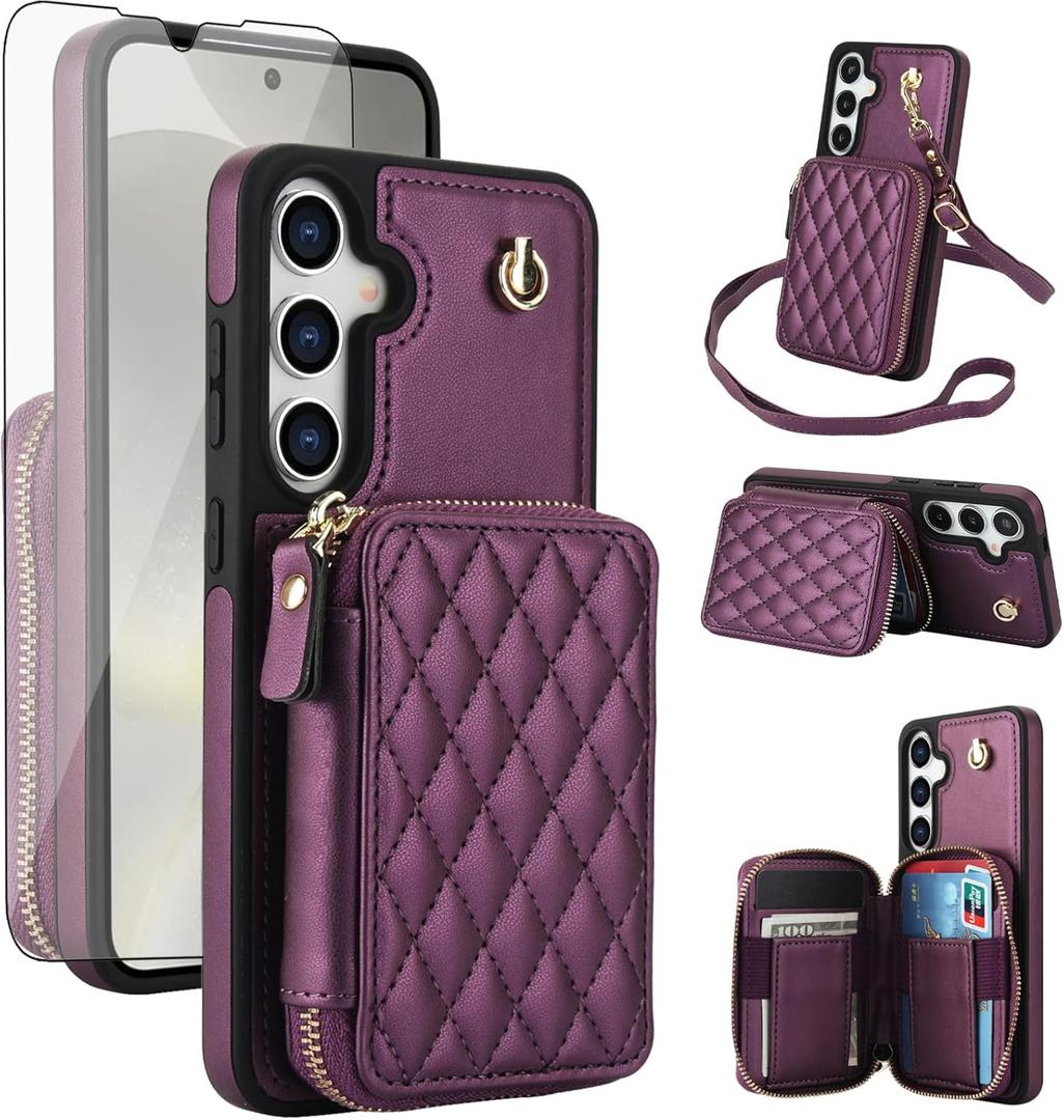 Phone Case for Samsung Galaxy S25 5G Wallet Cell Cover with Tempered Glass Screen Protector Wrist Crossbody Strap RFID Blocking Credit Card Holder Slot S 25 25S 25 25S SM-S931U Women Girls Dark Purple